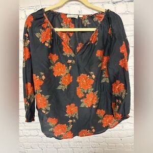 Roller Rabbit Navy Red Floral Americana Lightweight Silk Cotton Popover Top M